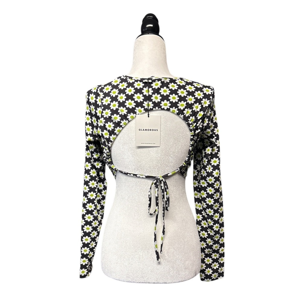 Glamorous 60's Y2K Flower Jersey Crop Top Black White Green Daisy Size 6 NWT - Picture 2 of 5